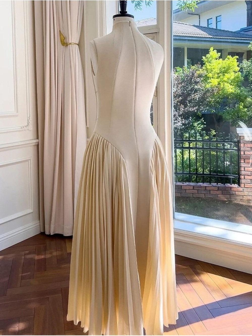 Elegant Cream Pleated Panel Maxi Dress